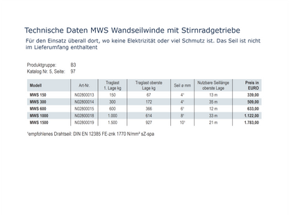 MWS Wandseilwinde mit Stirnradgetriebe